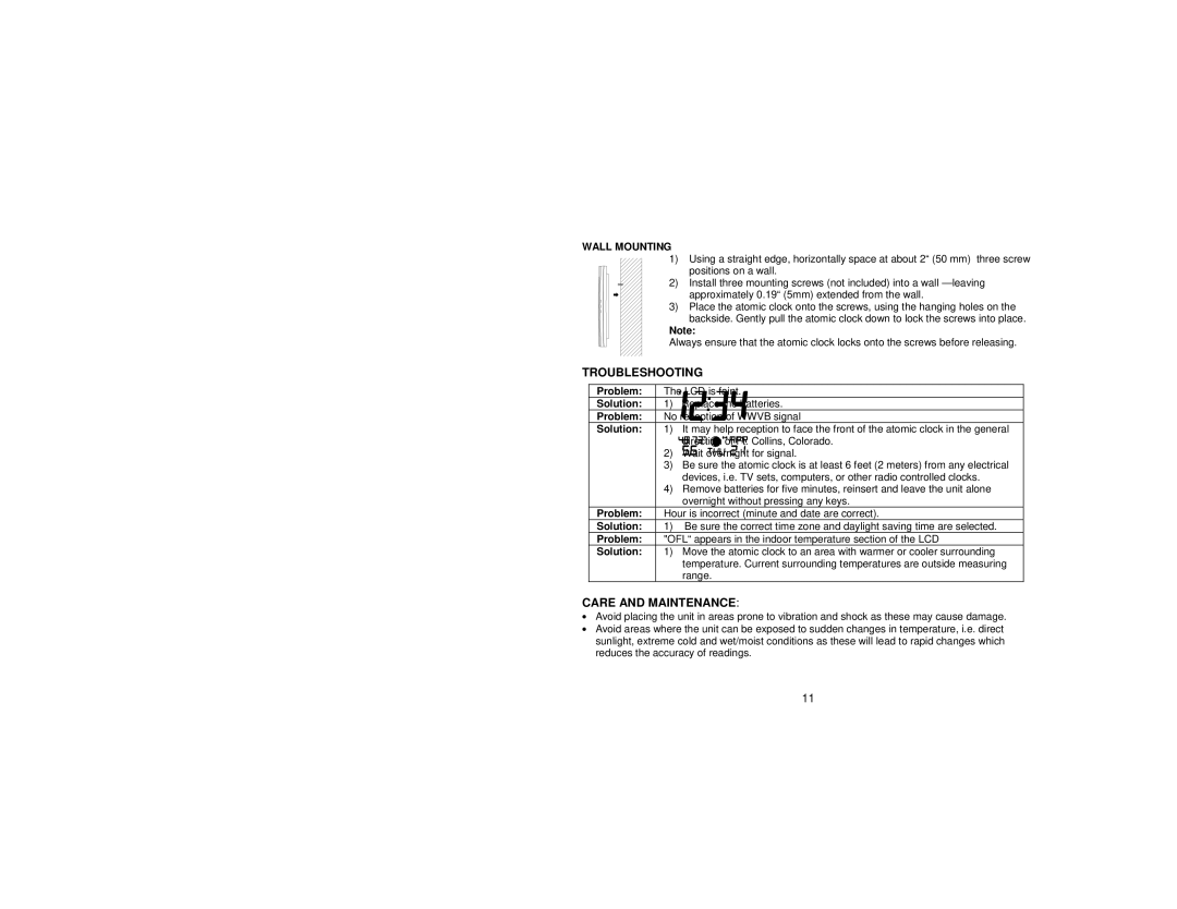 La Crosse Technology WS-8236U instruction manual Troubleshooting, Care and Maintenance, Wall Mounting 