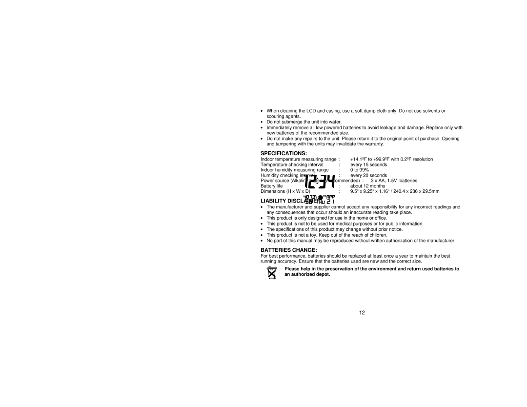 La Crosse Technology WS-8236U instruction manual Specifications, Liability Disclaimer, Batteries Change 