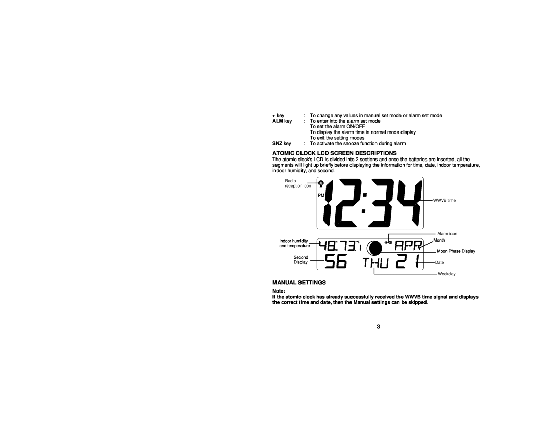 La Crosse Technology WS-8236U instruction manual Atomic Clock Lcd Screen Descriptions, Manual Settings, ALM key, SNZ key 