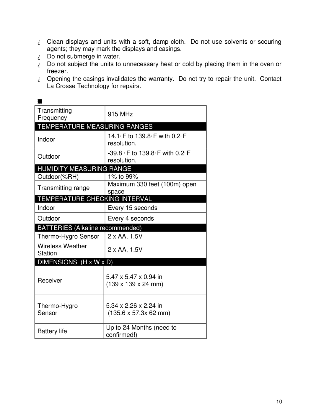 La Crosse Technology WS-8300U instruction manual Specifications, Receiver, Thermo-Hygro, Sensor, Battery life 