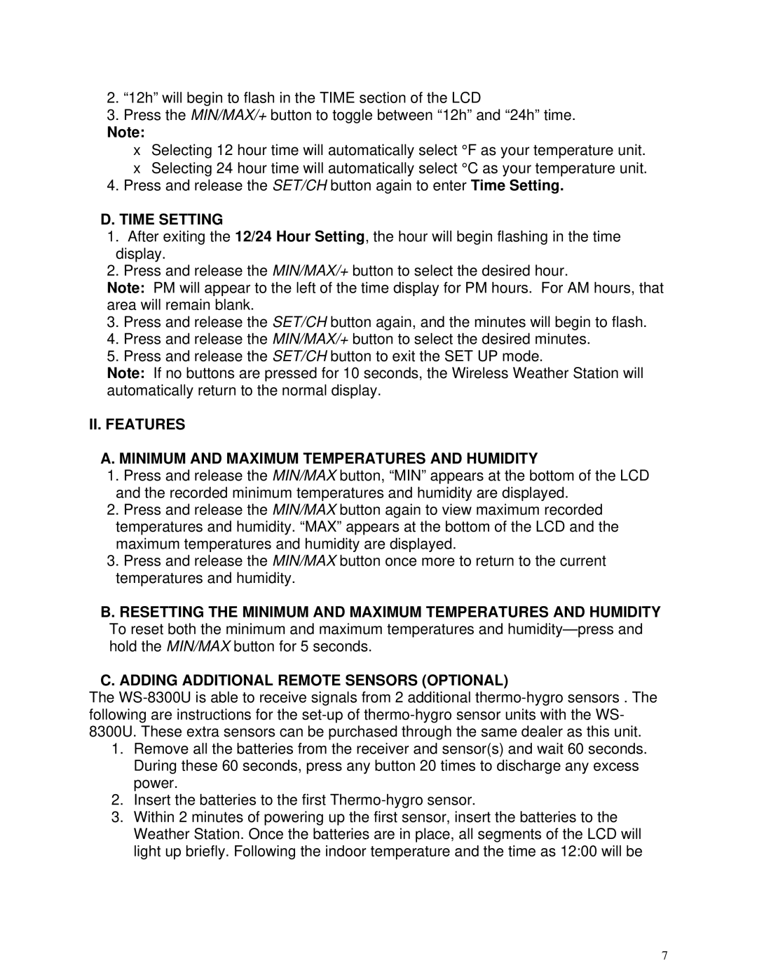 La Crosse Technology WS-8300U instruction manual Time Setting, II. Features Minimum and Maximum Temperatures and Humidity 