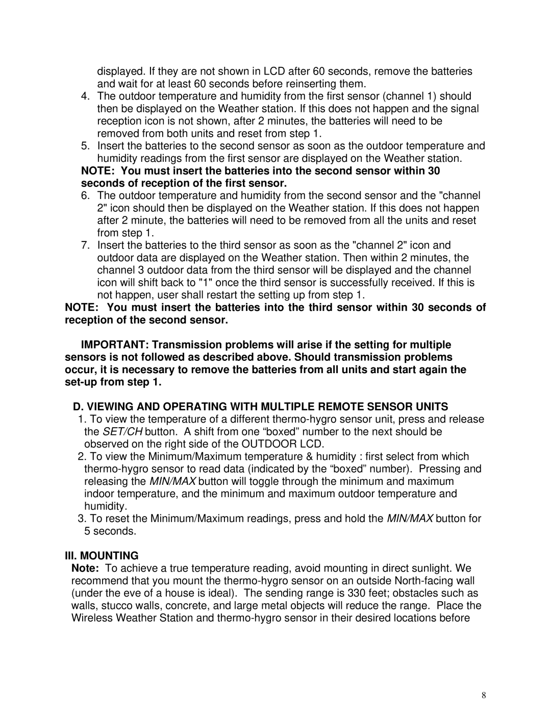 La Crosse Technology WS-8300U instruction manual Viewing and Operating with Multiple Remote Sensor Units, III. Mounting 