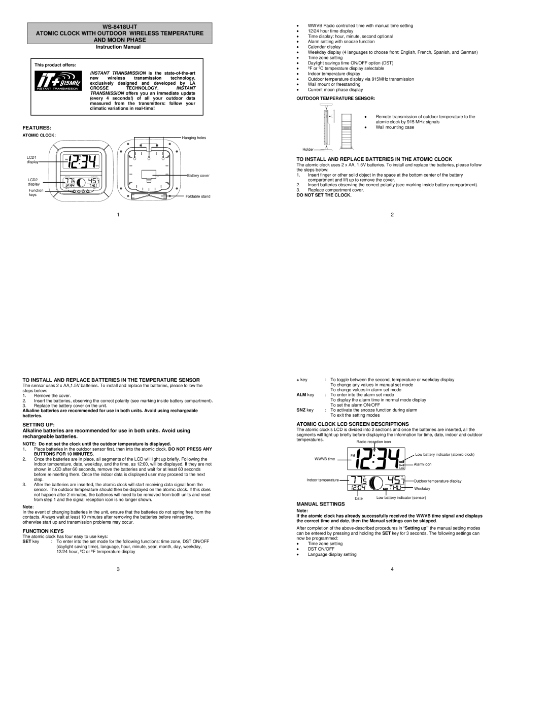 La Crosse Technology WS-8418U-IT instruction manual Outdoor Temperature Sensor, Features, Setting UP, Function Keys 