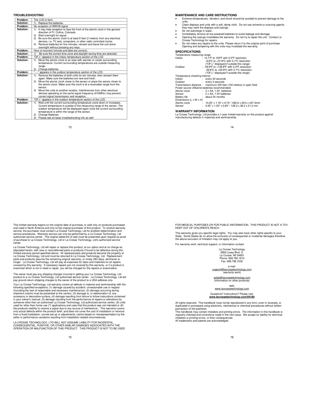 La Crosse Technology WS-8418U-IT Troubleshooting, Maintenance and Care Instructions, Specifications, Warranty Information 