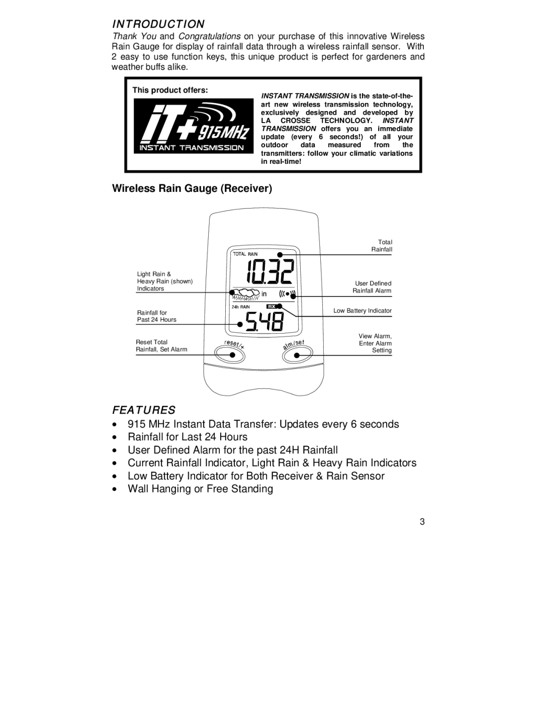 La Crosse Technology WS-9004U instruction manual Introduction, Wireless Rain Gauge Receiver, Features 