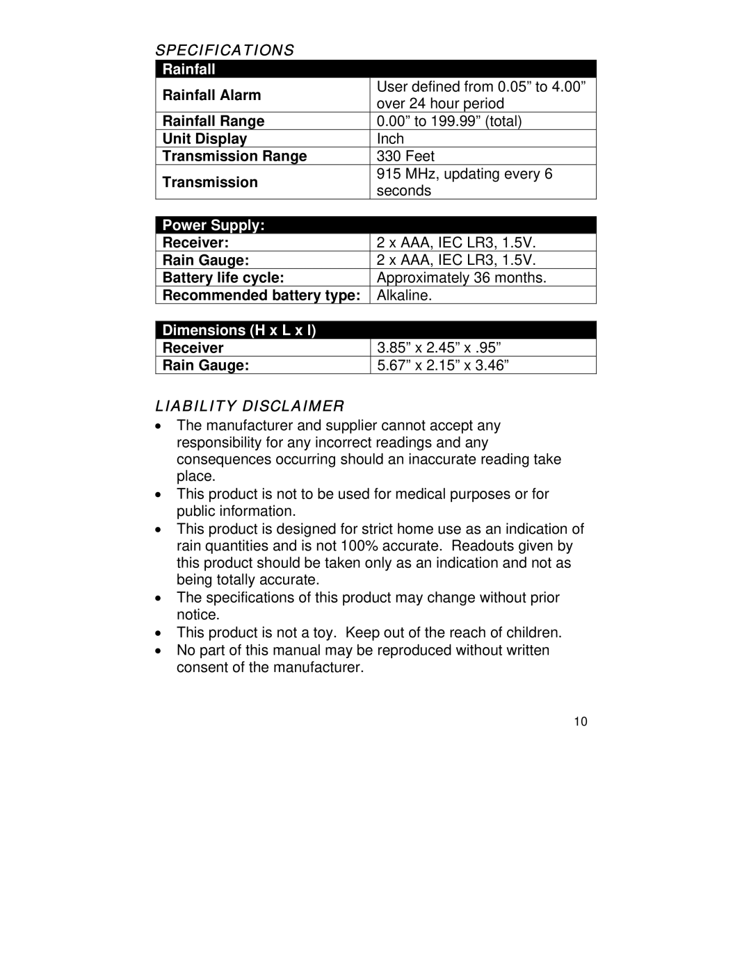 La Crosse Technology WS-9004U instruction manual Specifications, Liability Disclaimer 