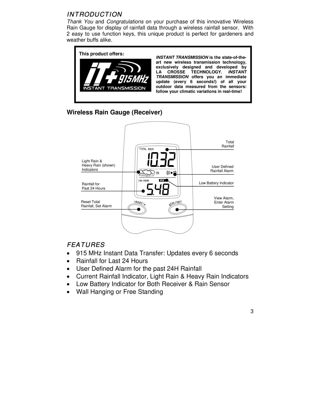 La Crosse Technology WS-9004U instruction manual Introduction, Wireless Rain Gauge Receiver, Features 