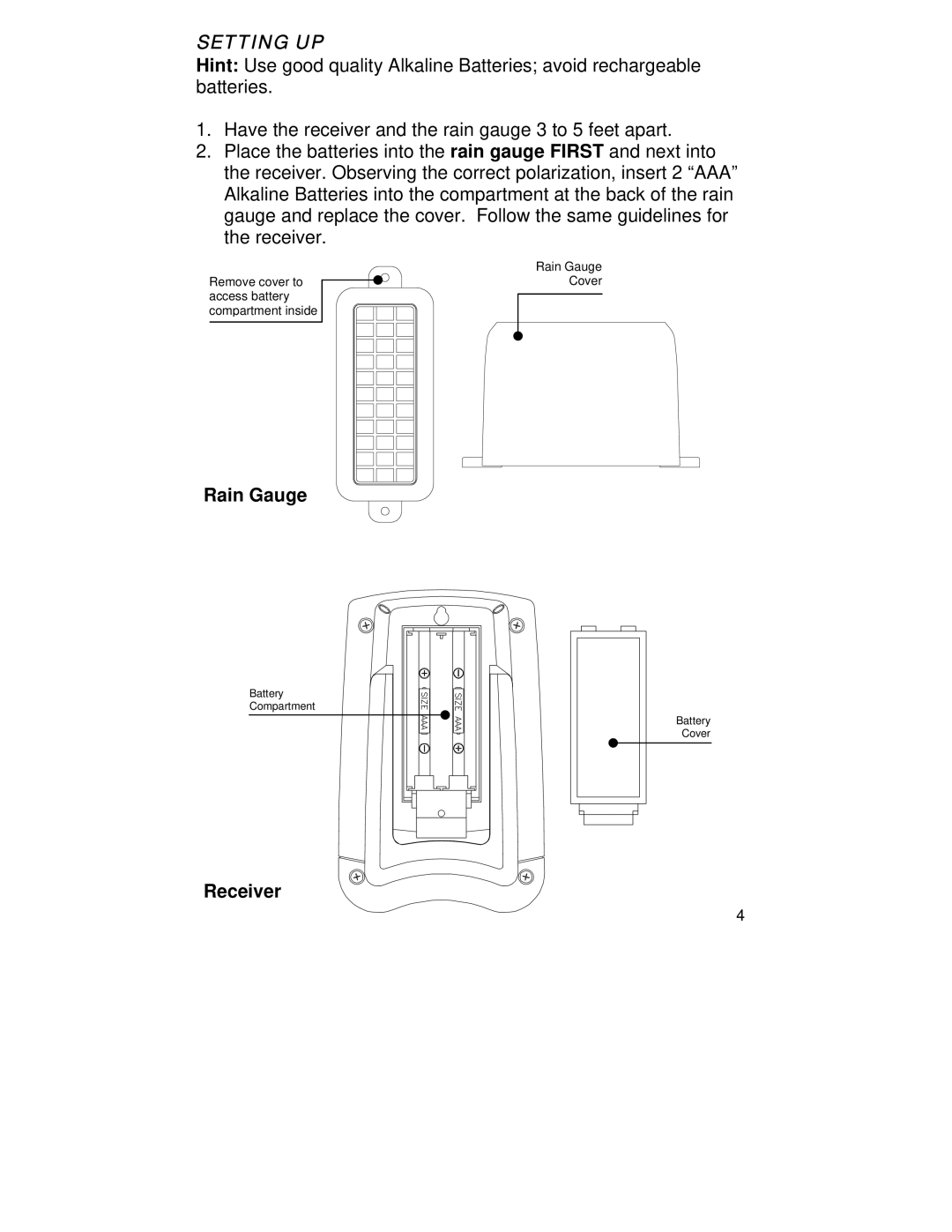 La Crosse Technology WS-9004U instruction manual Setting UP, Rain Gauge, Receiver 