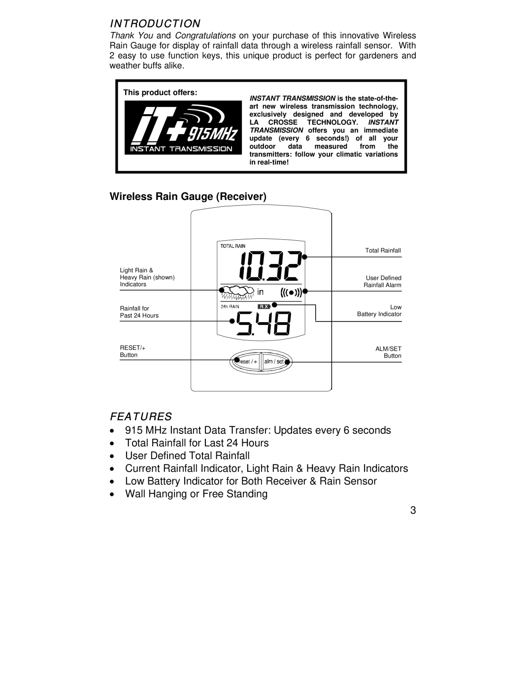 La Crosse Technology WS-9005TWC instruction manual Introduction, Wireless Rain Gauge Receiver, Features 