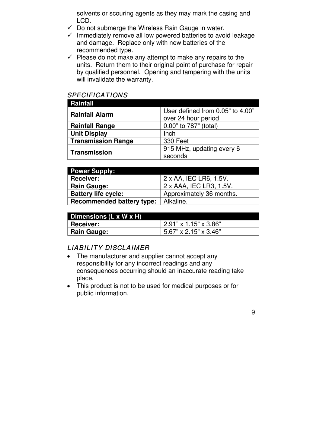 La Crosse Technology WS-9005TWC instruction manual Specifications, Liability Disclaimer 