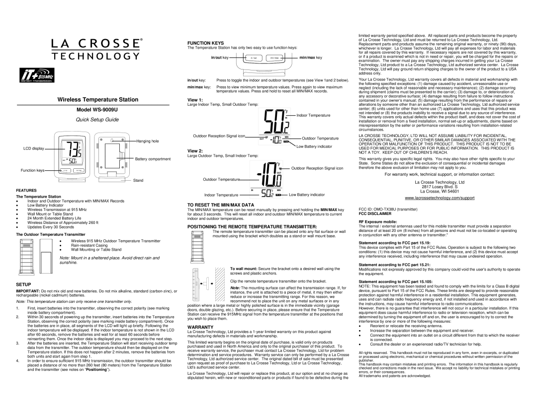 La Crosse Technology WS-9009U warranty Function Keys, Setup, To Reset the MIN/MAX Data, Warranty 