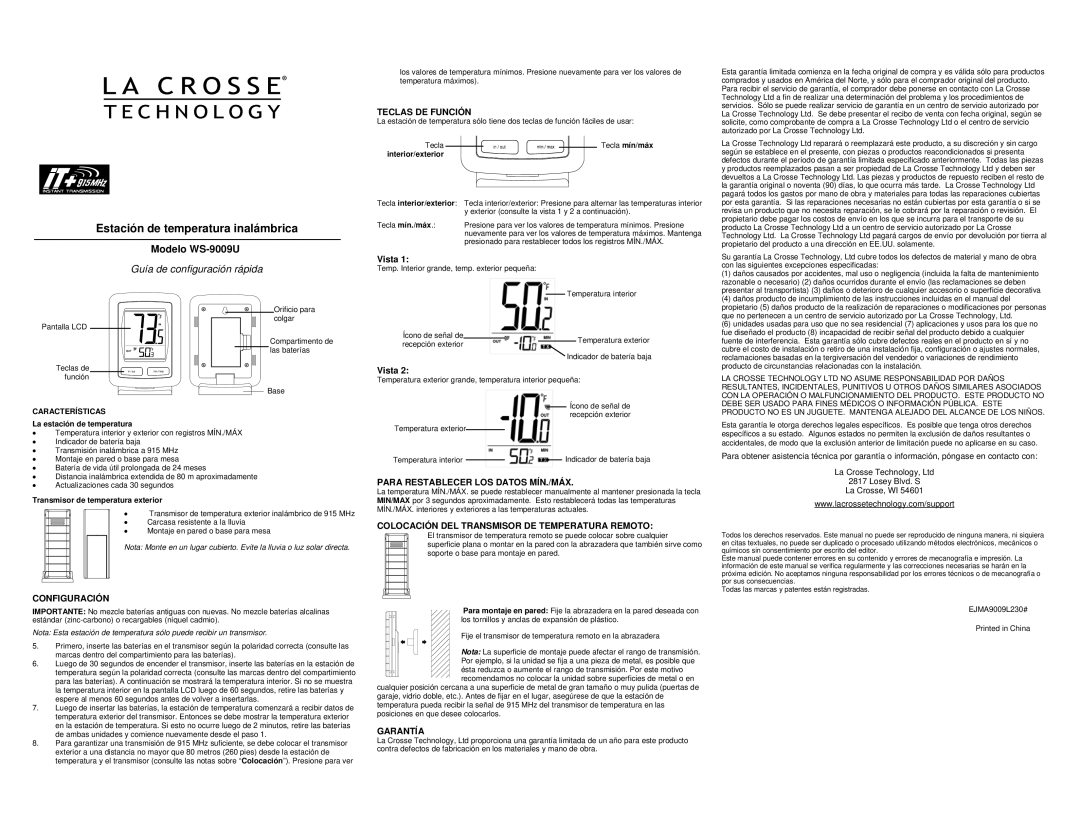 La Crosse Technology WS-9009U warranty Teclas DE Función, Configuración, Para Restablecer LOS Datos MÍN./MÁX, Garantía 