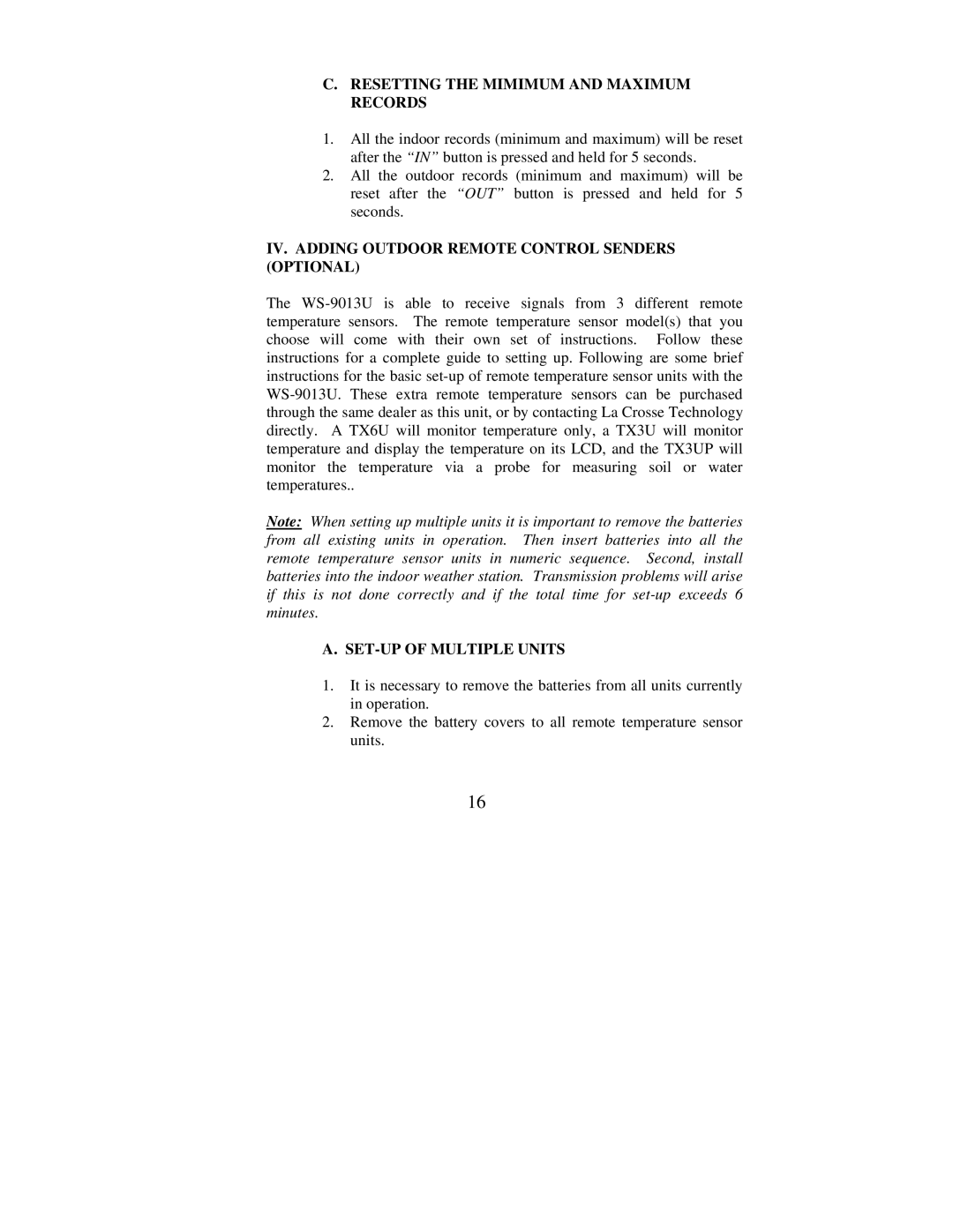 La Crosse Technology WS-9013U instruction manual Resetting the Mimimum and Maximum Records, SET-UP of Multiple Units 