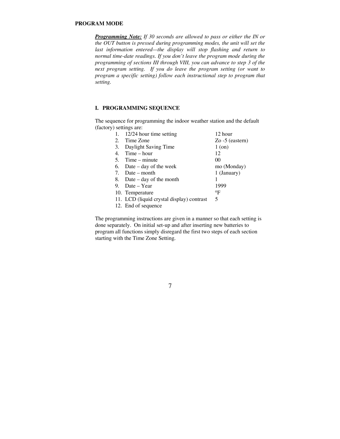 La Crosse Technology WS-9013U instruction manual Program Mode, Programming Sequence 