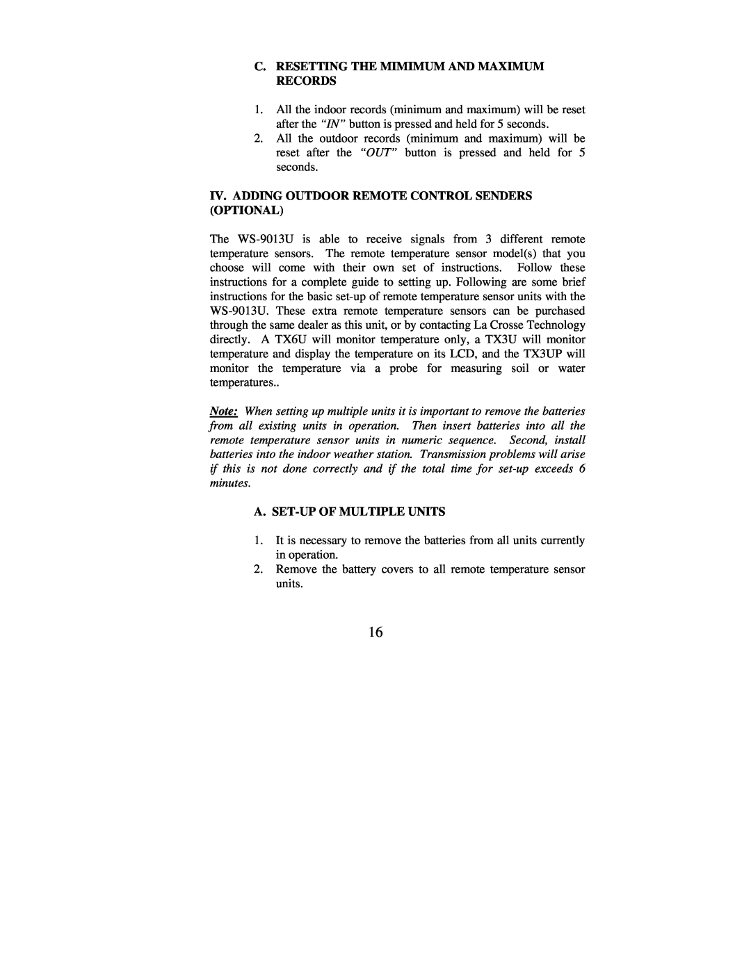 La Crosse Technology WS-9013U instruction manual C. Resetting The Mimimum And Maximum Records, A. Set-Up Of Multiple Units 