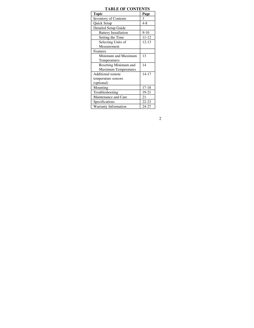 La Crosse Technology WS-9014U instruction manual Table of Contents 