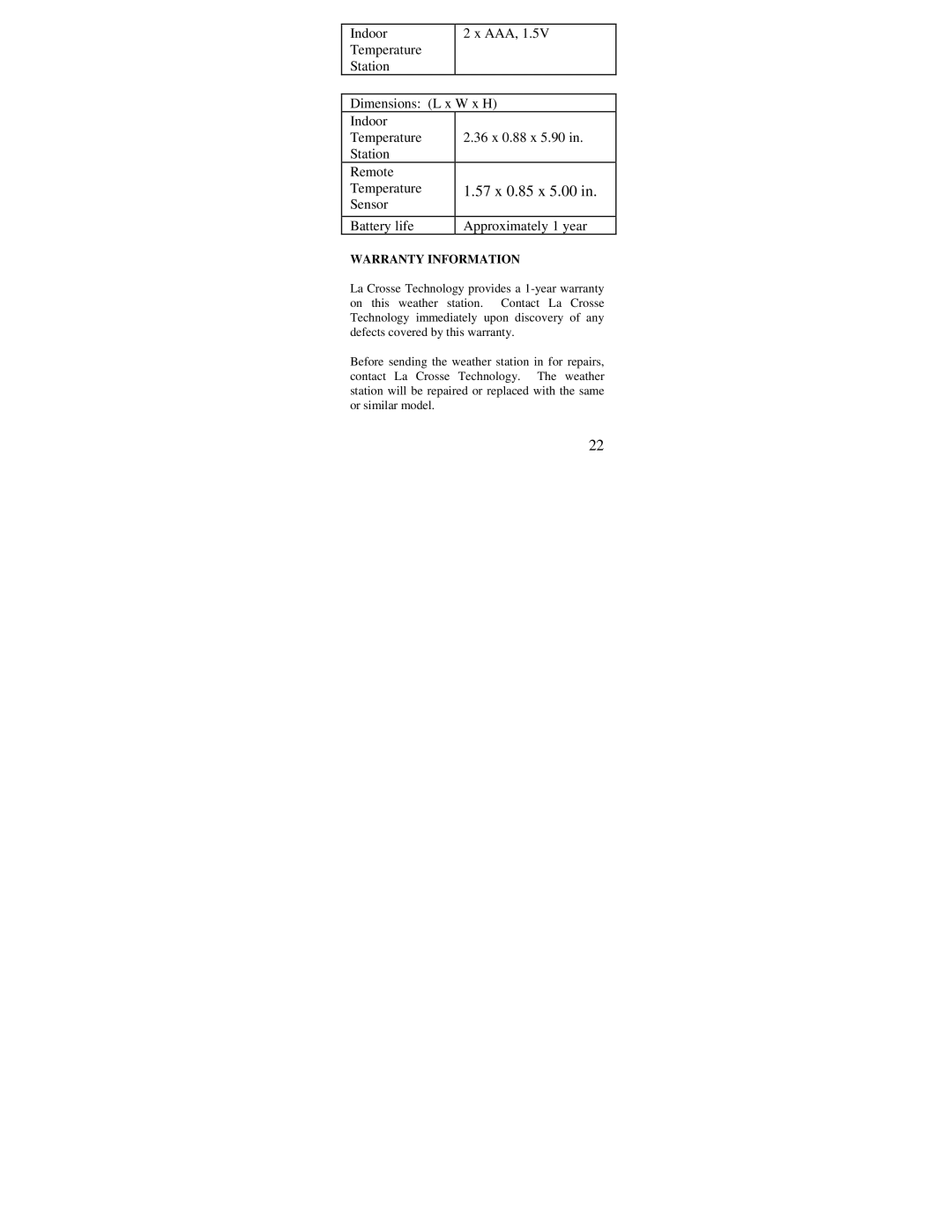 La Crosse Technology WS-9014U instruction manual 57 x 0.85 x 5.00 