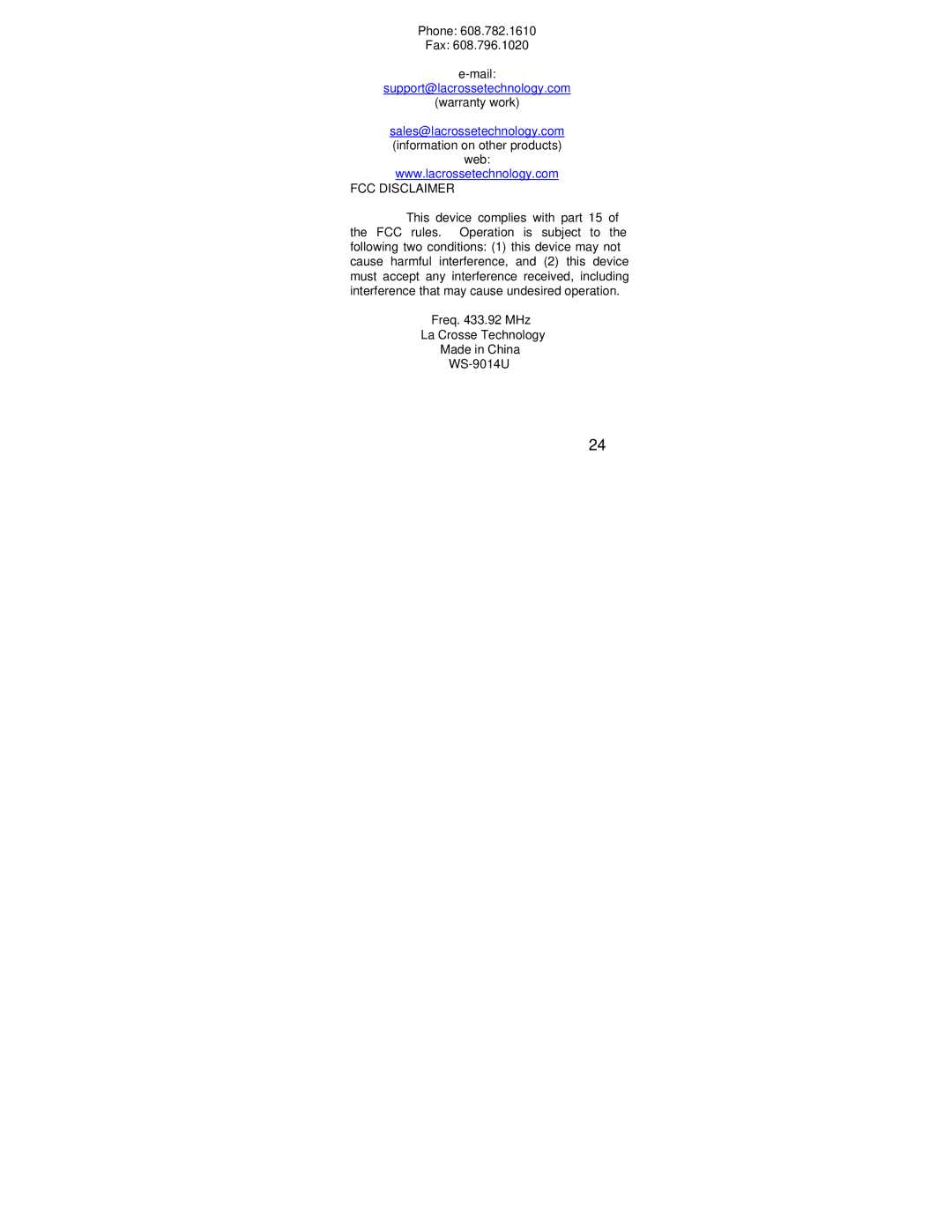 La Crosse Technology WS-9014U instruction manual FCC Disclaimer 
