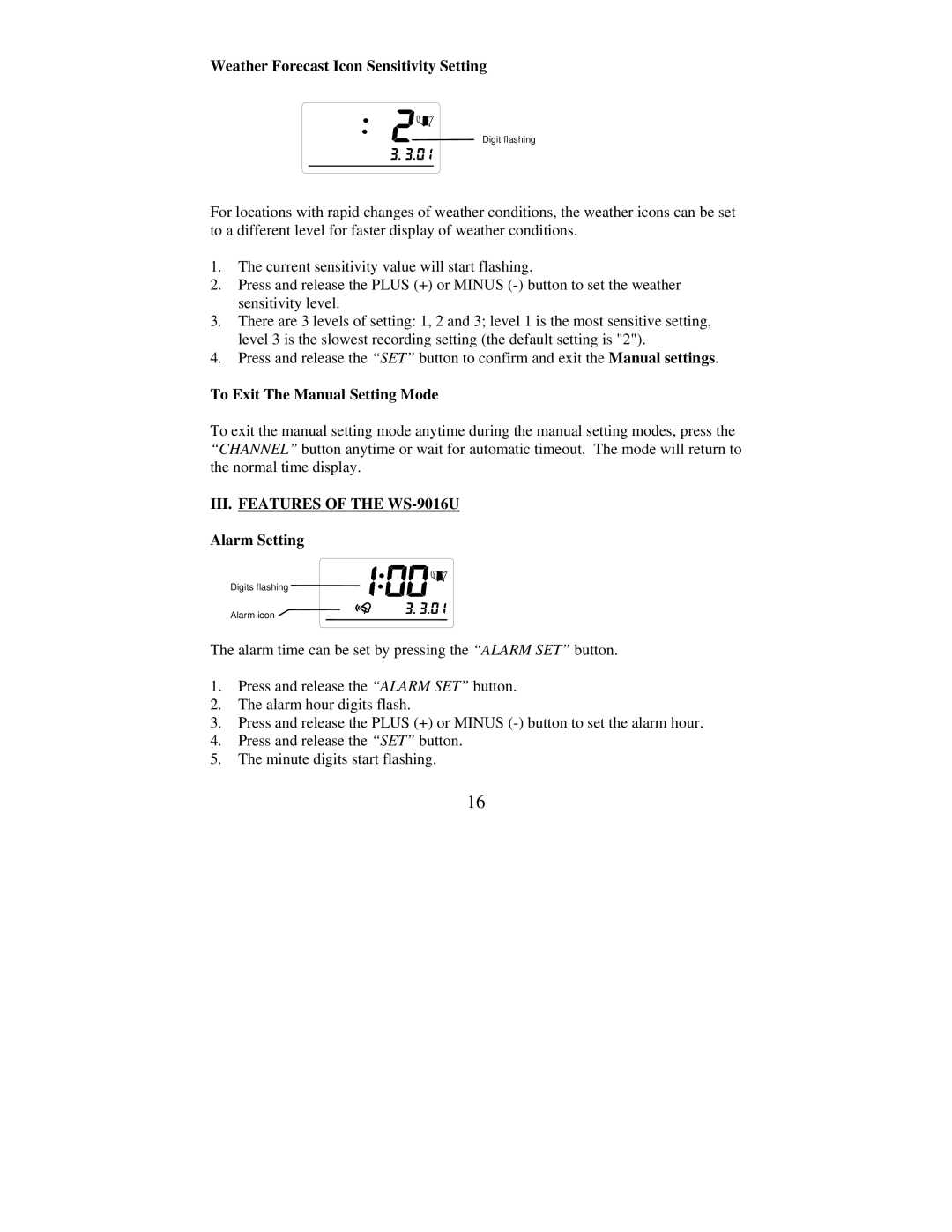 La Crosse Technology WS-9016U instruction manual Weather Forecast Icon Sensitivity Setting, To Exit The Manual Setting Mode 