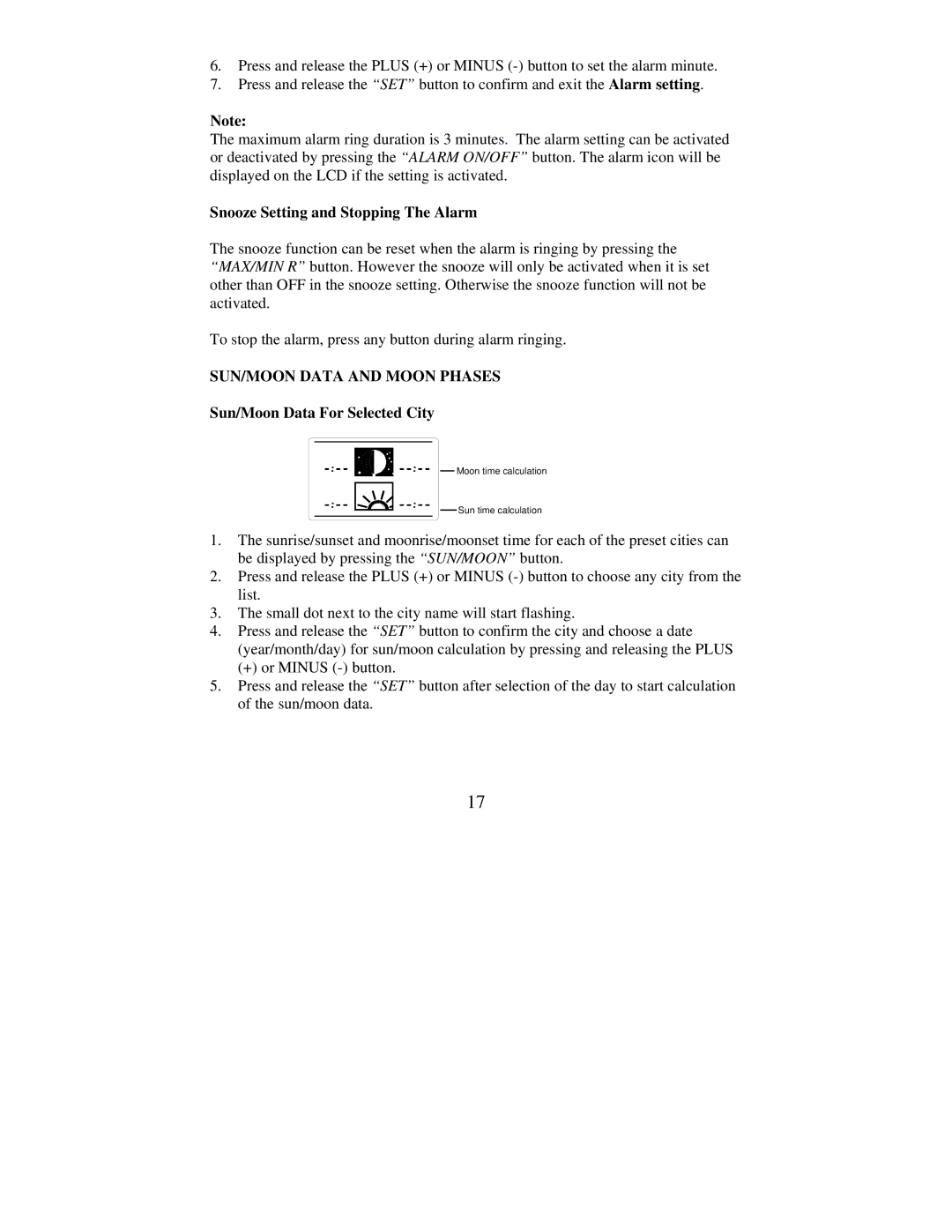 La Crosse Technology WS-9016U instruction manual Snooze Setting and Stopping The Alarm, SUN/MOON Data and Moon Phases 