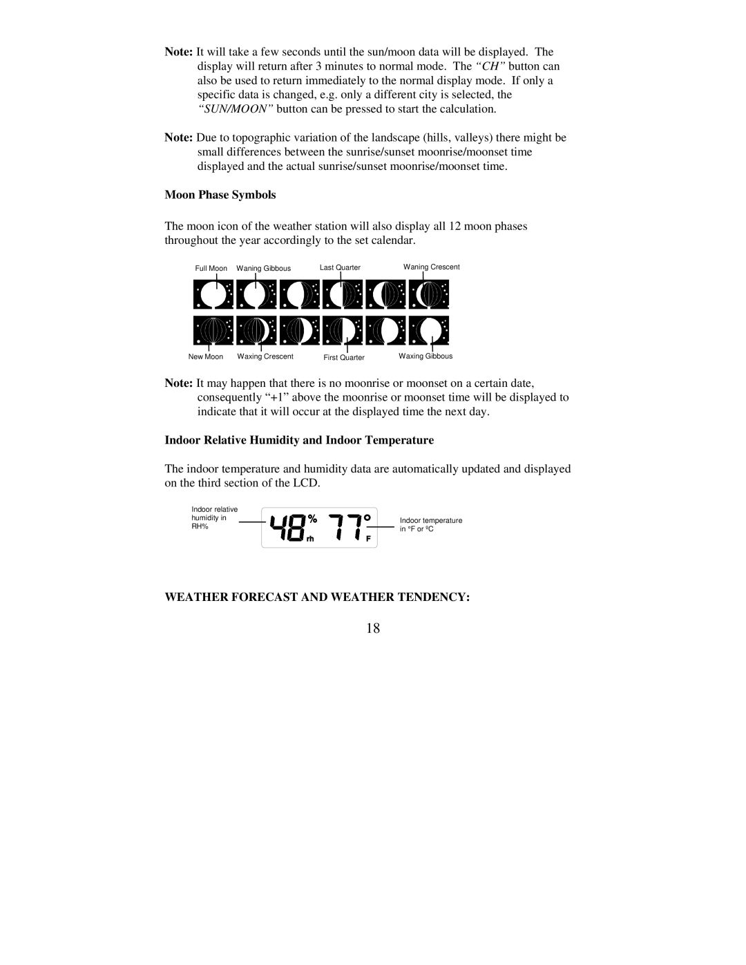 La Crosse Technology WS-9016U instruction manual Moon Phase Symbols, Indoor Relative Humidity and Indoor Temperature 