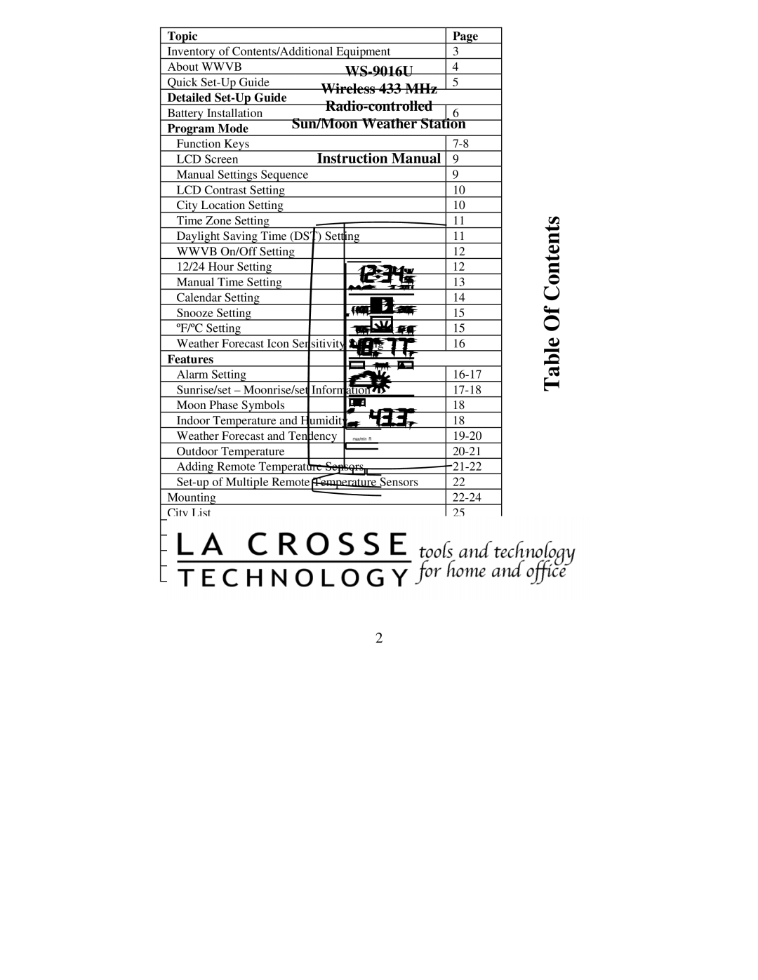 La Crosse Technology WS-9016U instruction manual Contents 