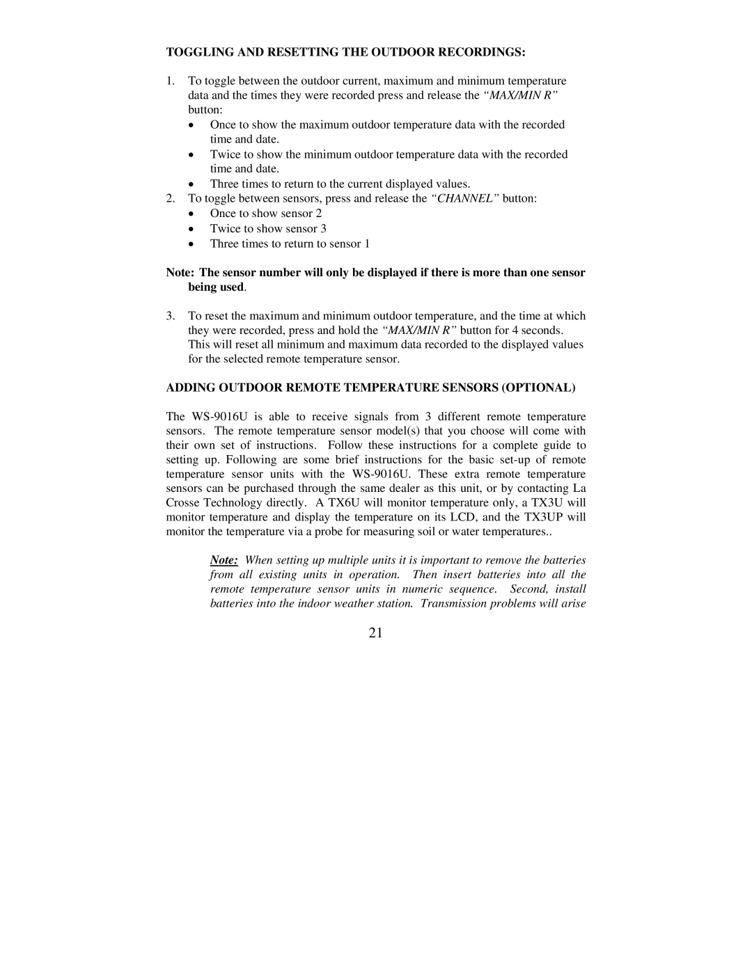 La Crosse Technology WS-9016U instruction manual Toggling and Resetting the Outdoor Recordings 