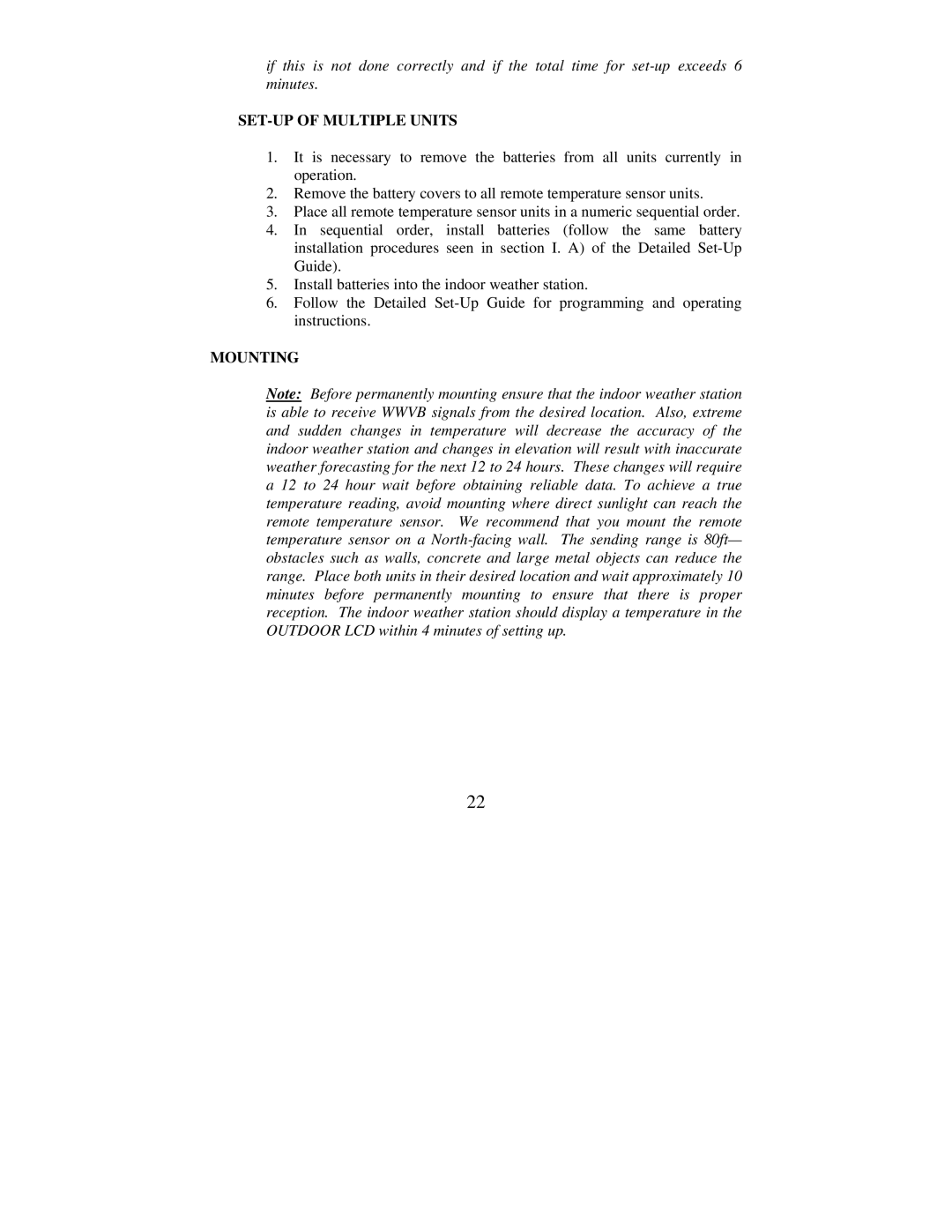 La Crosse Technology WS-9016U instruction manual SET-UP of Multiple Units, Mounting 