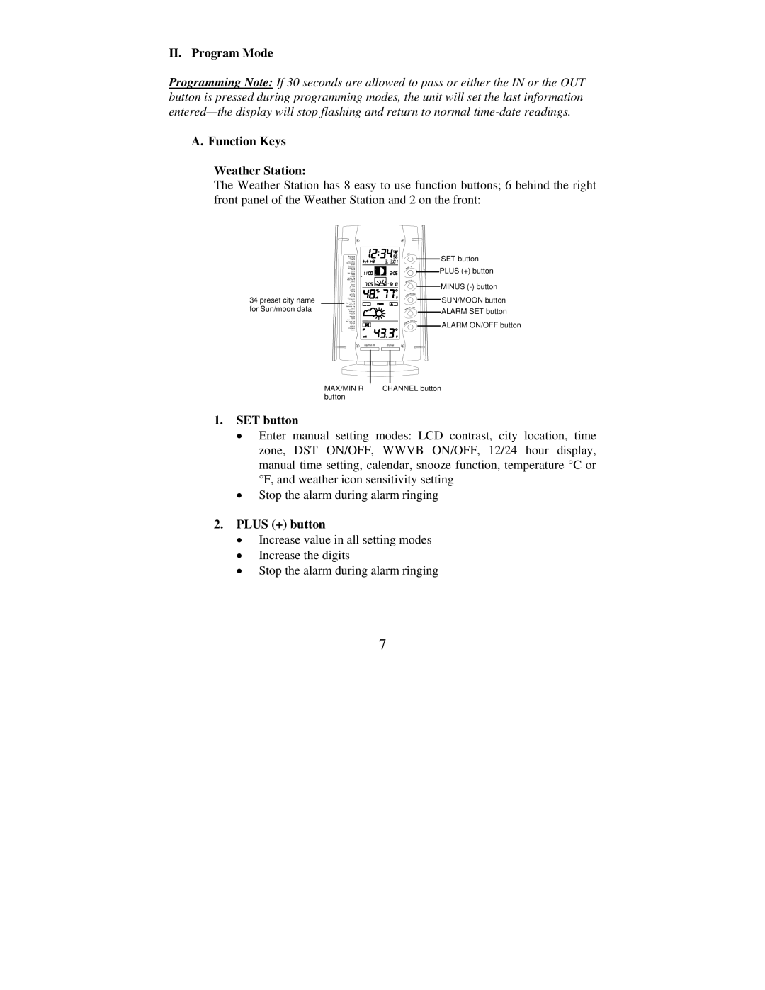 La Crosse Technology WS-9016U instruction manual II. Program Mode, Function Keys Weather Station, SET button, Plus + button 
