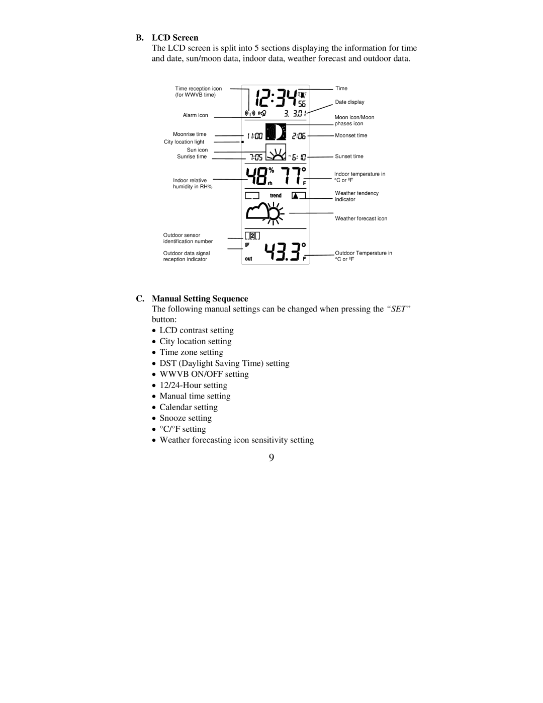 La Crosse Technology WS-9016U instruction manual LCD Screen, Manual Setting Sequence 