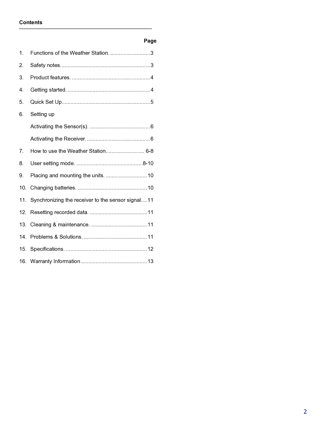 La Crosse Technology WS-9018U instruction manual Contents 