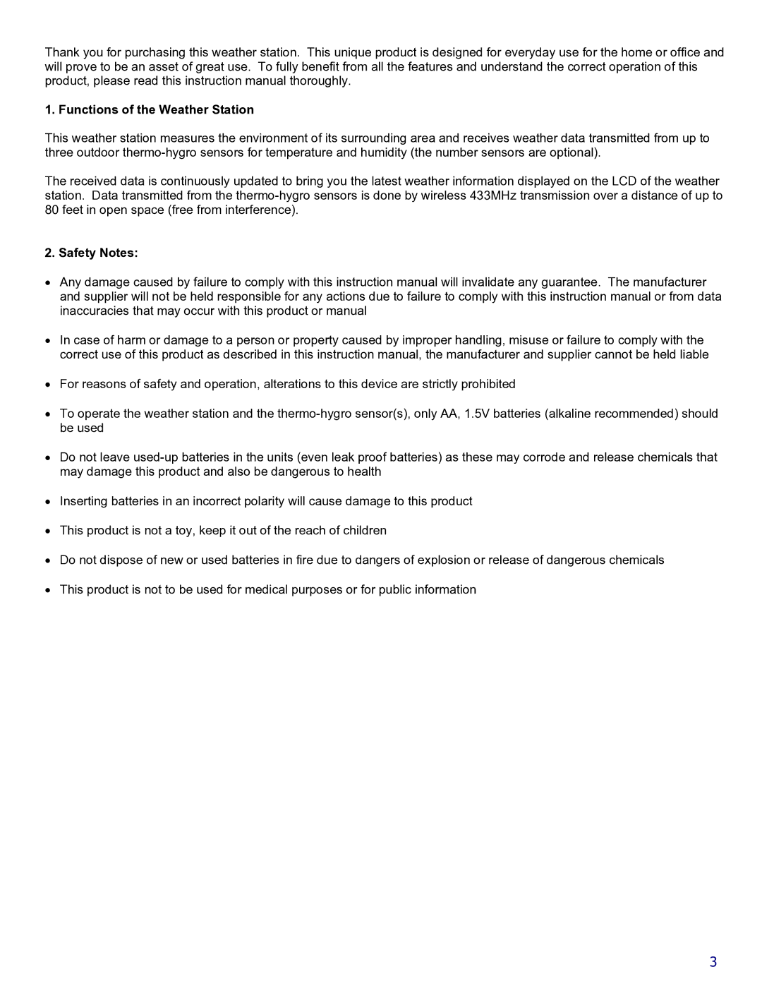 La Crosse Technology WS-9018U instruction manual Functions of the Weather Station, Safety Notes 