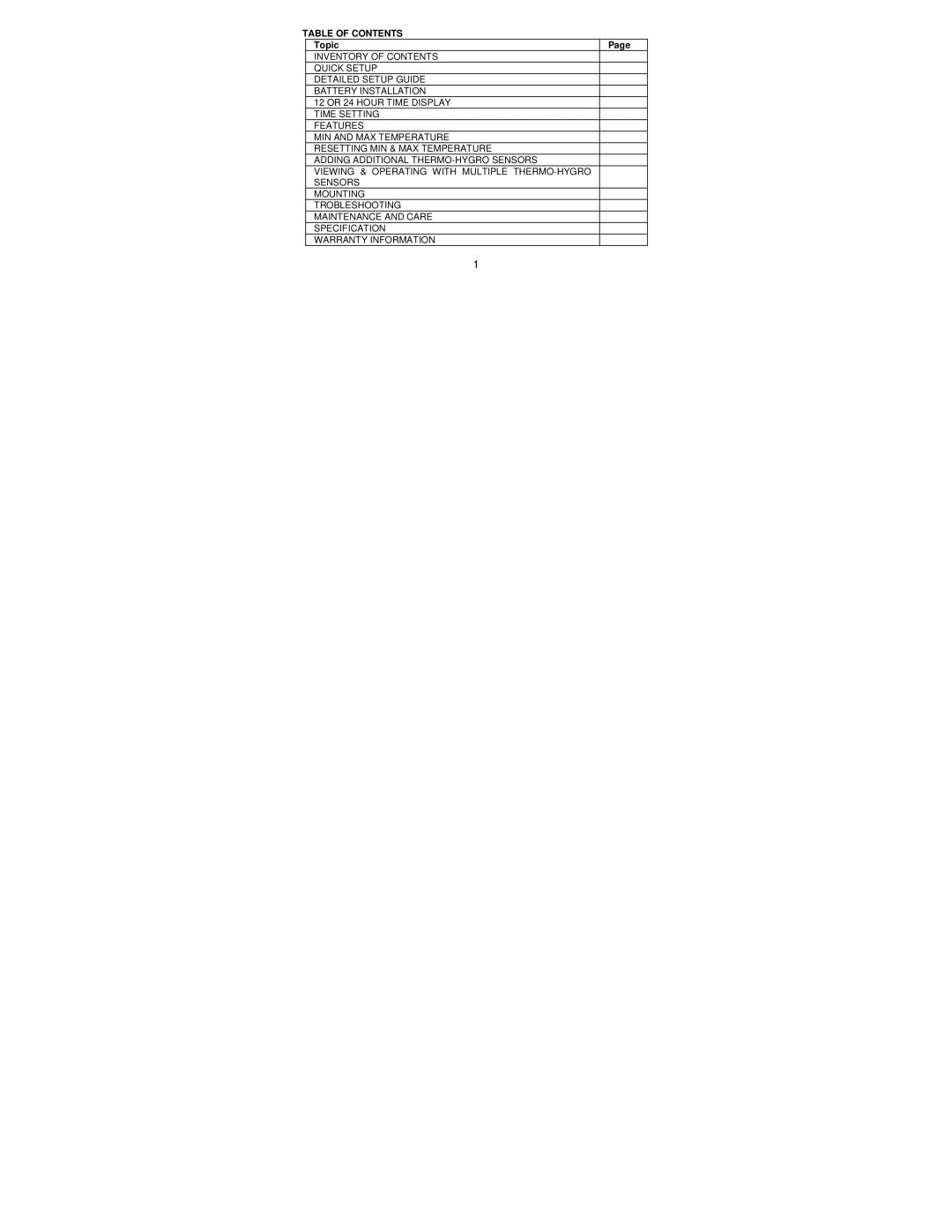 La Crosse Technology WS-9021U manual Table of Contents 