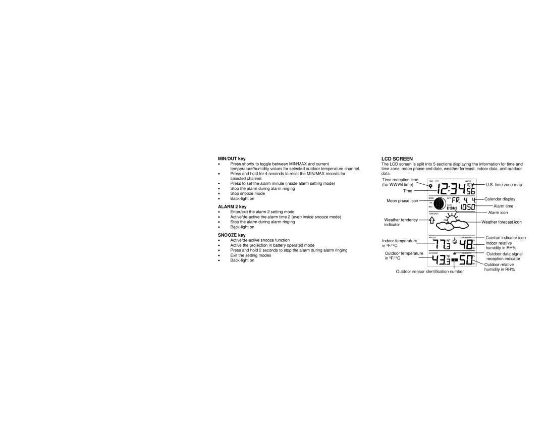 La Crosse Technology WS-9025U instruction manual MIN/OUT key, LCD Screen, Alarm 2 key, Snooze key 