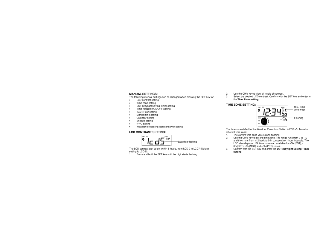 La Crosse Technology WS-9025U instruction manual Manual Settings, LCD Contrast Setting, Time Zone Setting 