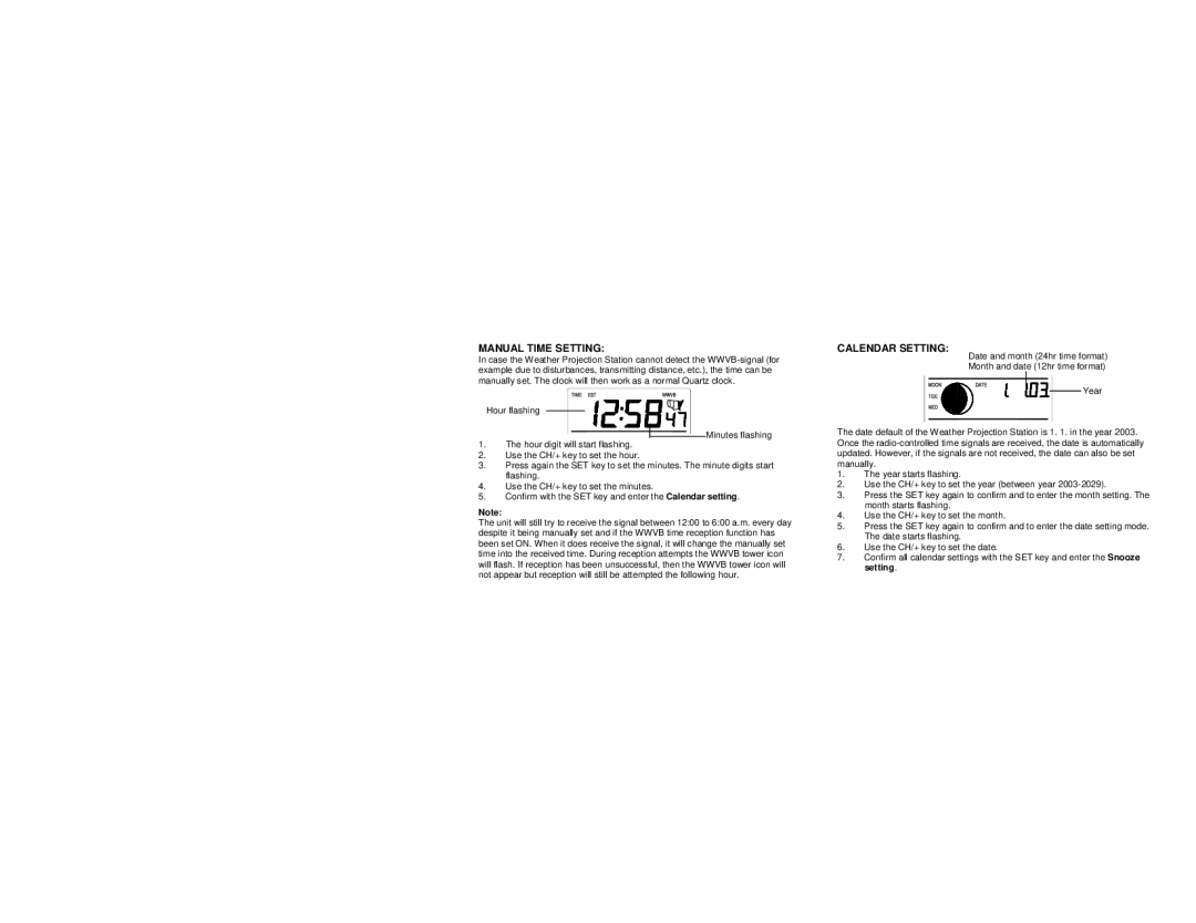 La Crosse Technology WS-9025U instruction manual Manual Time Setting, Calendar Setting 