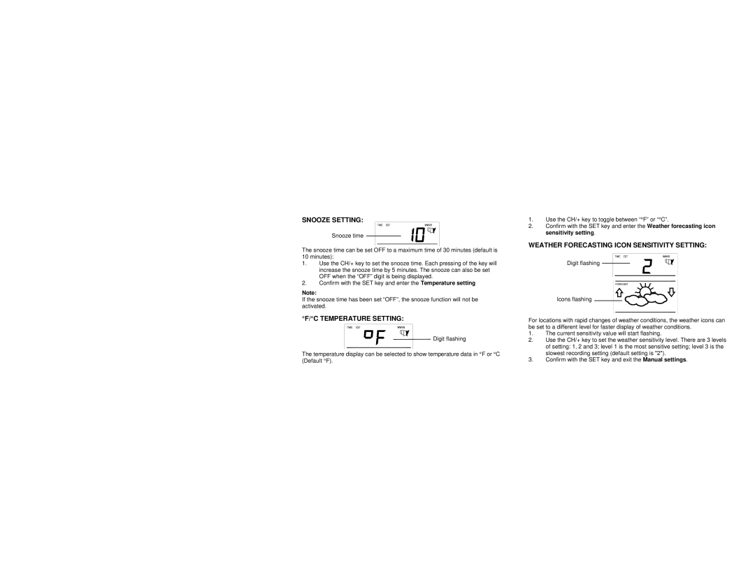 La Crosse Technology WS-9025U Snooze Setting, Temperature Setting, Weather Forecasting Icon Sensitivity Setting 