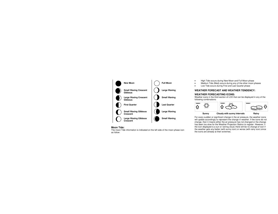 La Crosse Technology WS-9025U instruction manual Moon Tide, Sunny Cloudy with sunny intervals Rainy 