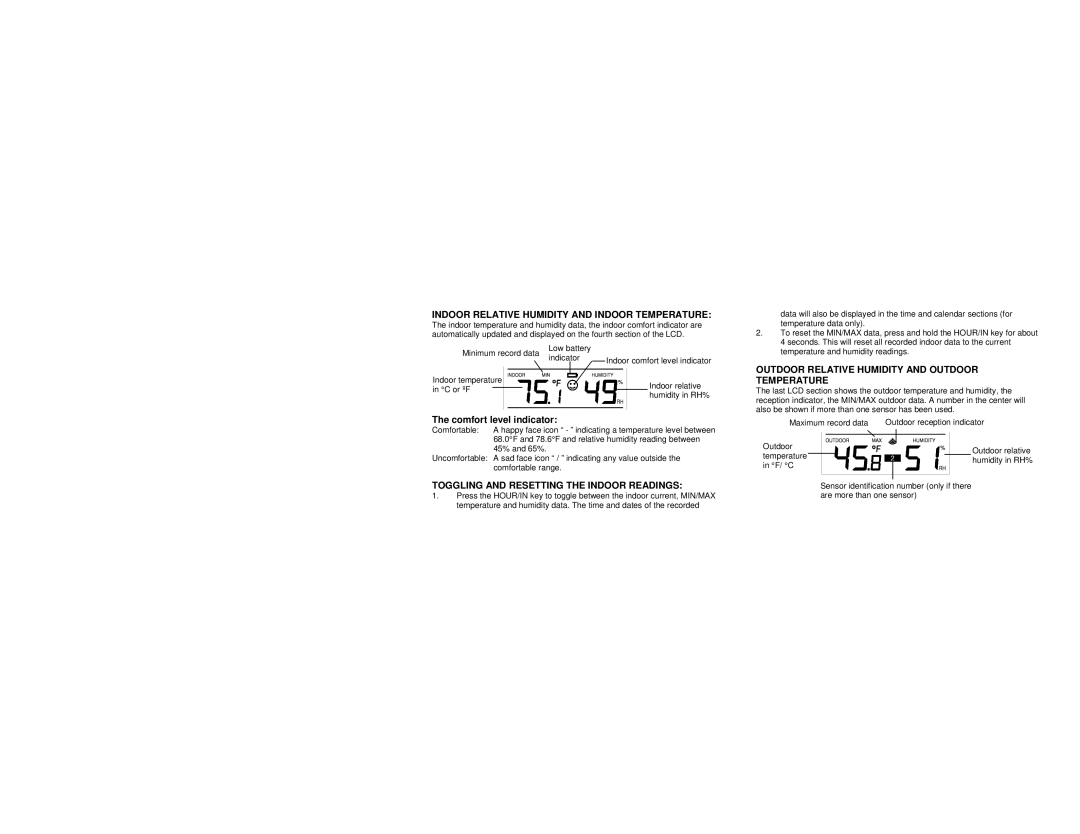 La Crosse Technology WS-9025U instruction manual Indoor Relative Humidity and Indoor Temperature, Comfort level indicator 