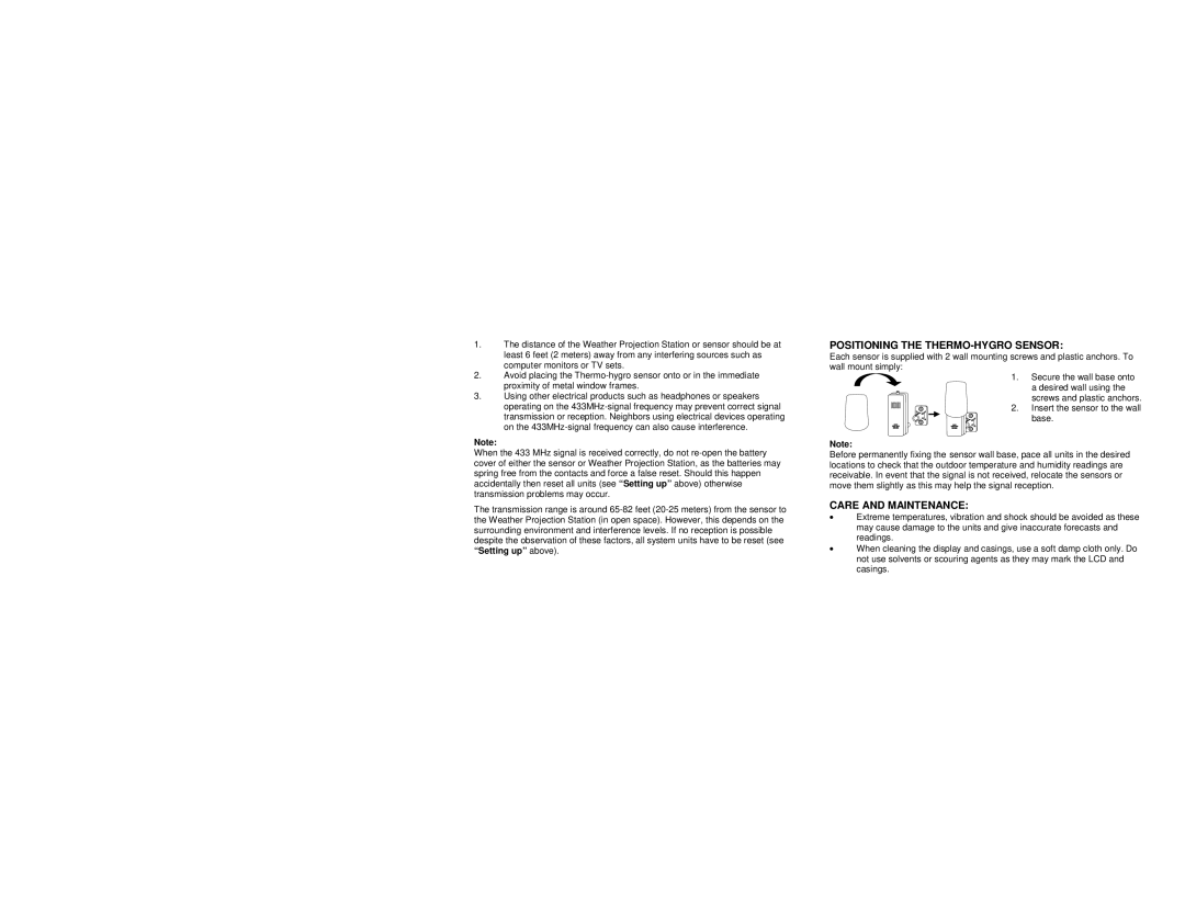 La Crosse Technology WS-9025U instruction manual Positioning the THERMO-HYGRO Sensor, Care and Maintenance 