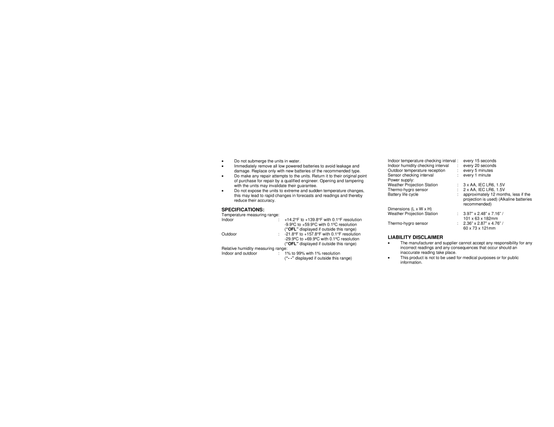 La Crosse Technology WS-9025U instruction manual Specifications, Liability Disclaimer 