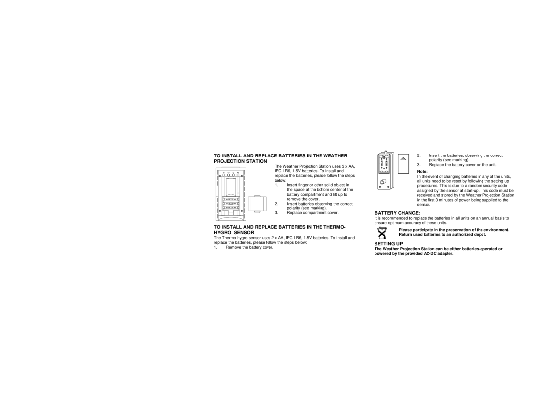 La Crosse Technology WS-9025U instruction manual Battery Change, Setting UP 