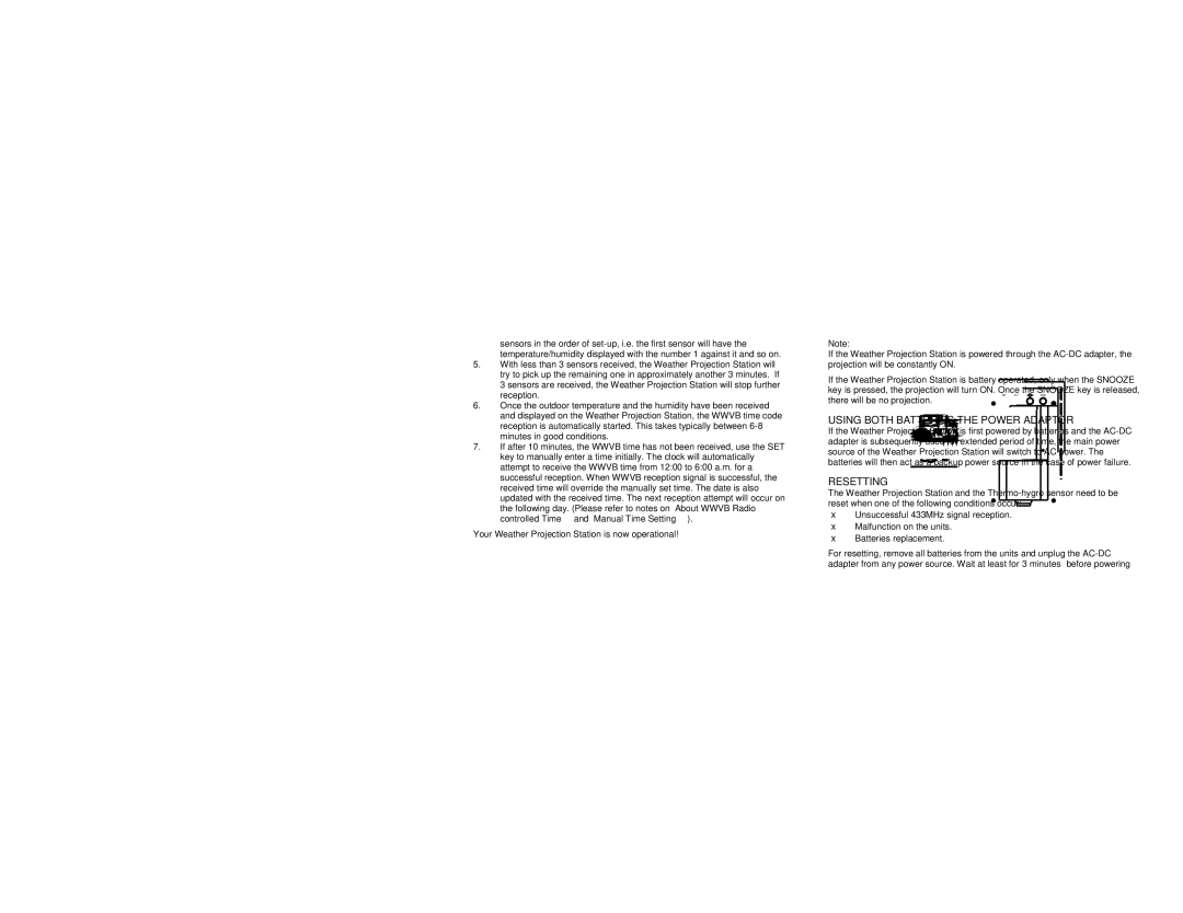 La Crosse Technology WS-9025U instruction manual Using Both Batteries the Power Adaptor, Resetting 