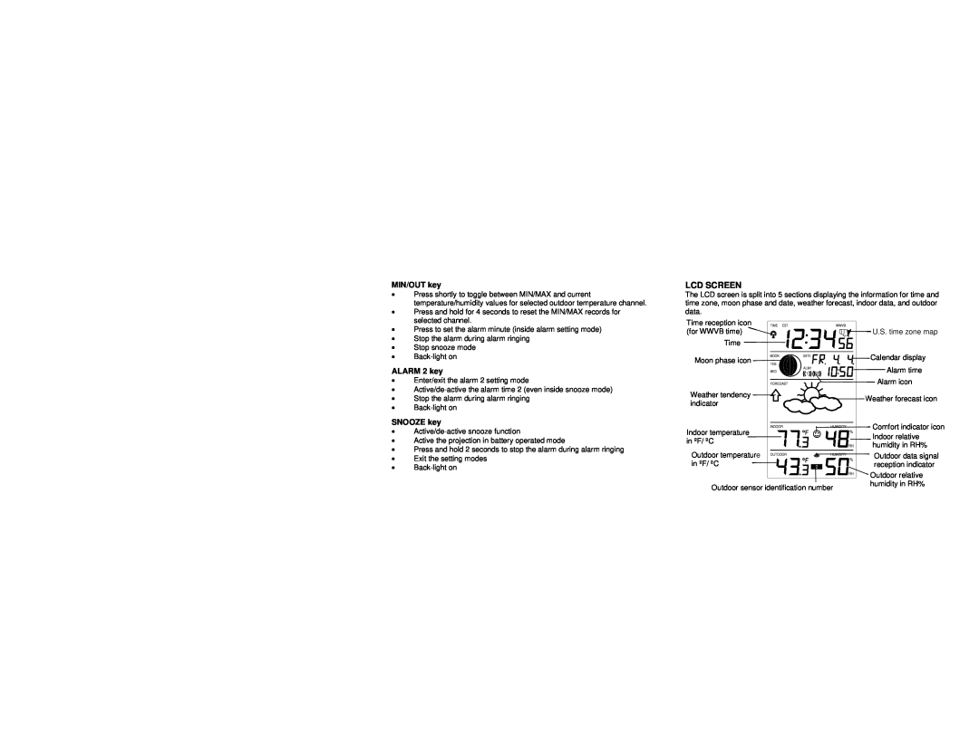 La Crosse Technology WS-9025U instruction manual MIN/OUT key, Lcd Screen, ALARM 2 key, SNOOZE key 