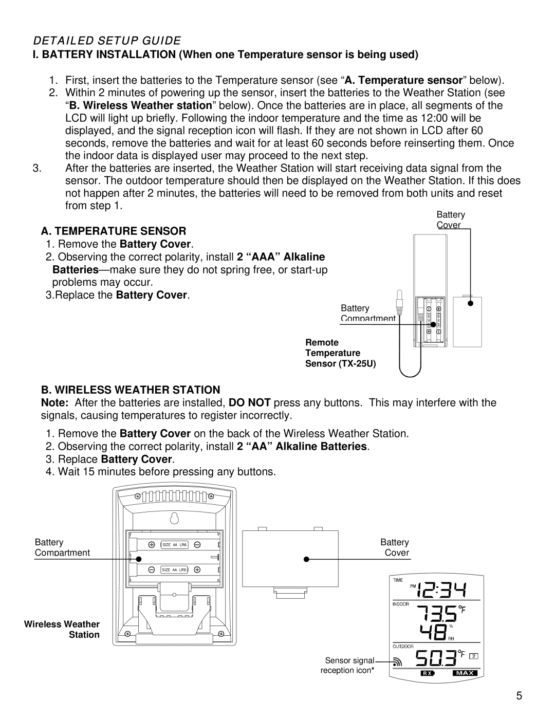 La Crosse Technology WS-9029U Detailed Setup Guide, Temperature Sensor, Remove the Battery Cover, Wireless Weather Station 