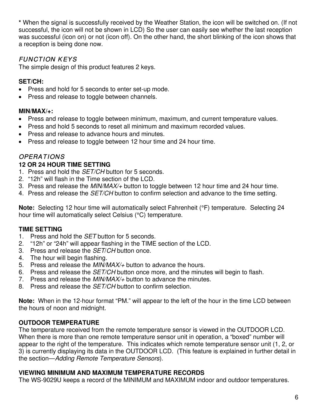 La Crosse Technology WS-9029U instruction manual Function Keys, Operations 