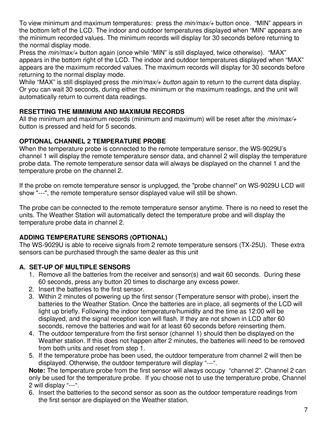 La Crosse Technology WS-9029U Resetting the Mimimum and Maximum Records, Optional Channel 2 Temperature Probe 