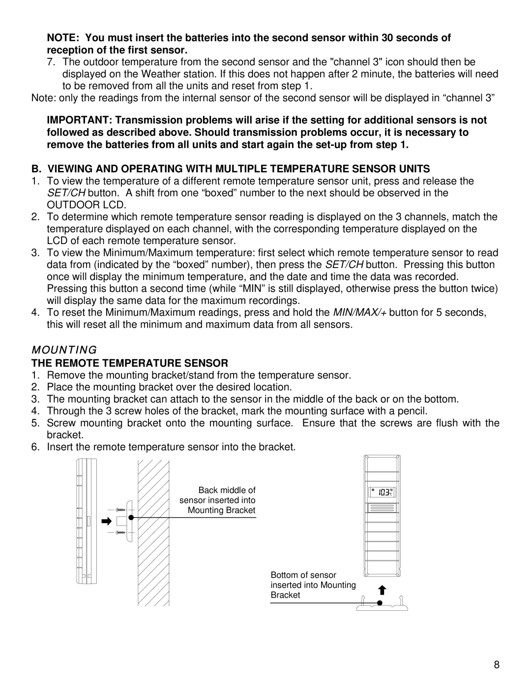 La Crosse Technology WS-9029U instruction manual Mounting, Remote Temperature Sensor 