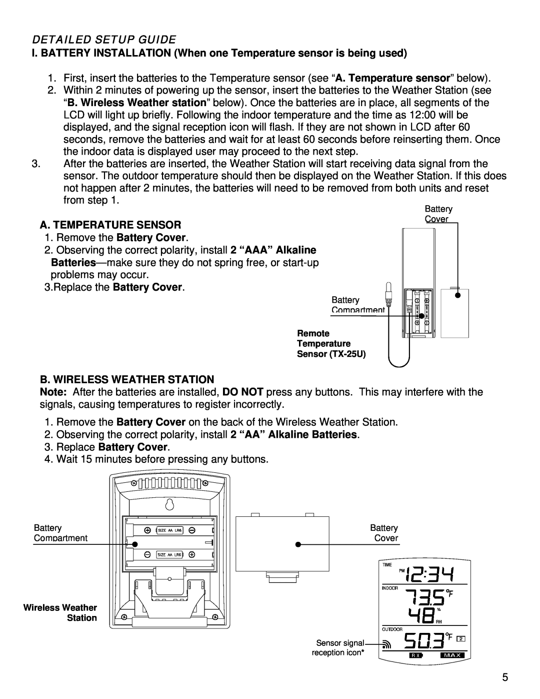 La Crosse Technology WS-9029U instruction manual Detailed Setup Guide, A. TEMPERATURE SENSOR 1.Remove the Battery Cover 