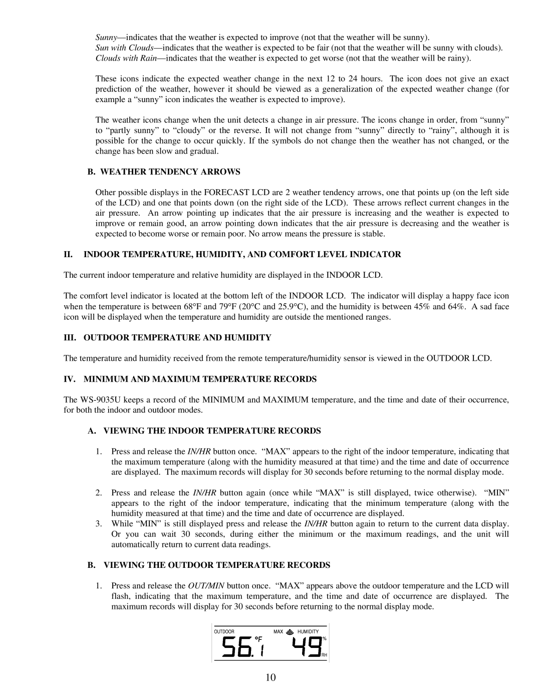 La Crosse Technology WS-9035TWC instruction manual Weather Tendency Arrows, III. Outdoor Temperature and Humidity 